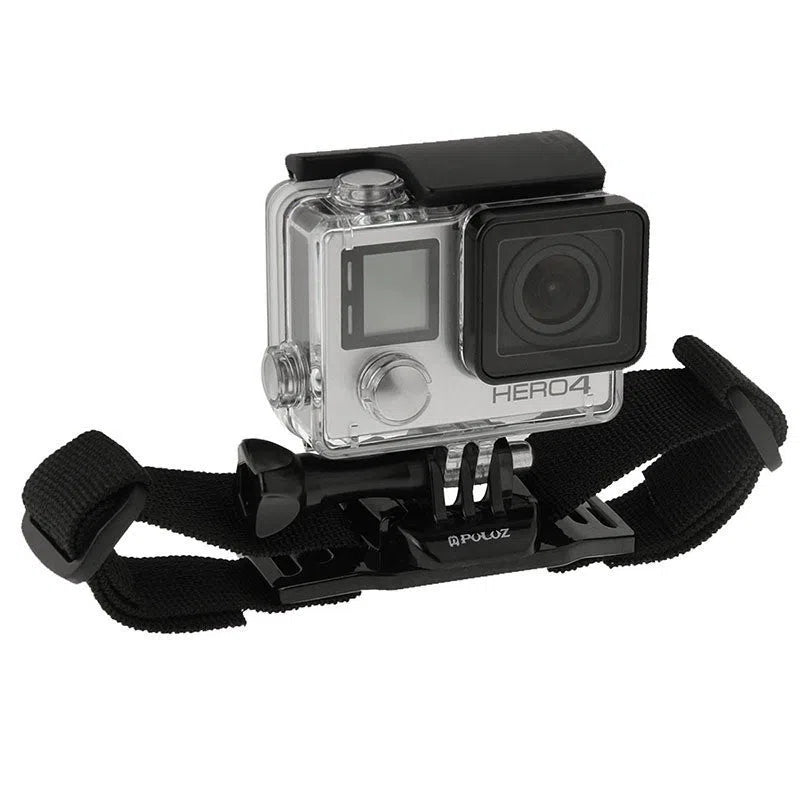 Black nylon bicycle helmet strap with fixed mount for DJI Osmo Action and GoPro camera