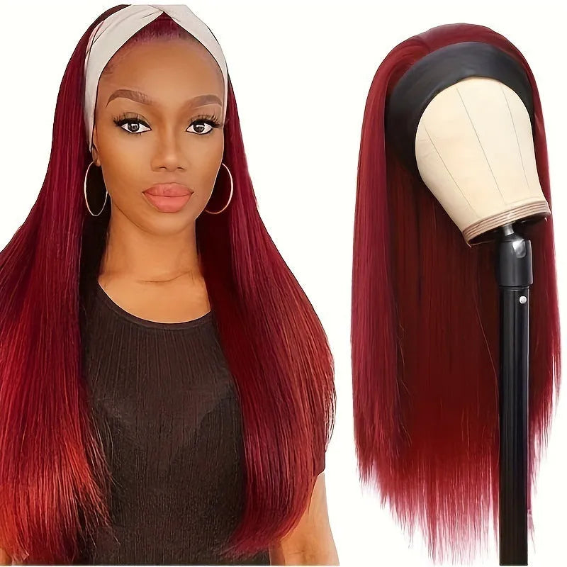 Headband wig in black straight, black curly or wine red with high temperature fibre