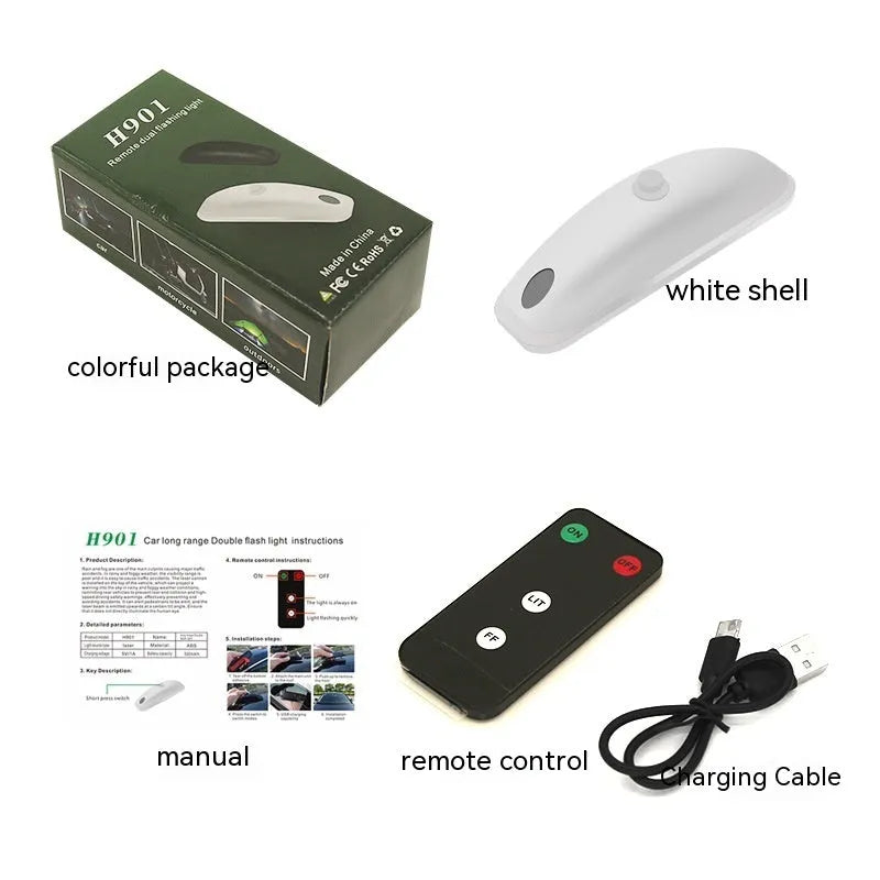 Remote control car anti-collision strobe light with USB cable in black or white ABS housing.