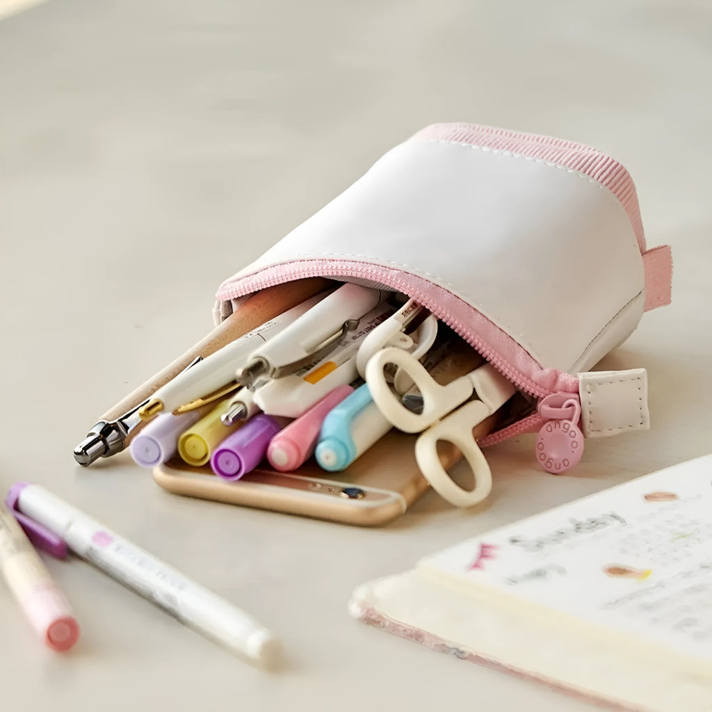 Purple PU corduroy drop-down telescopic stationery case in Korean style, open to show interior.