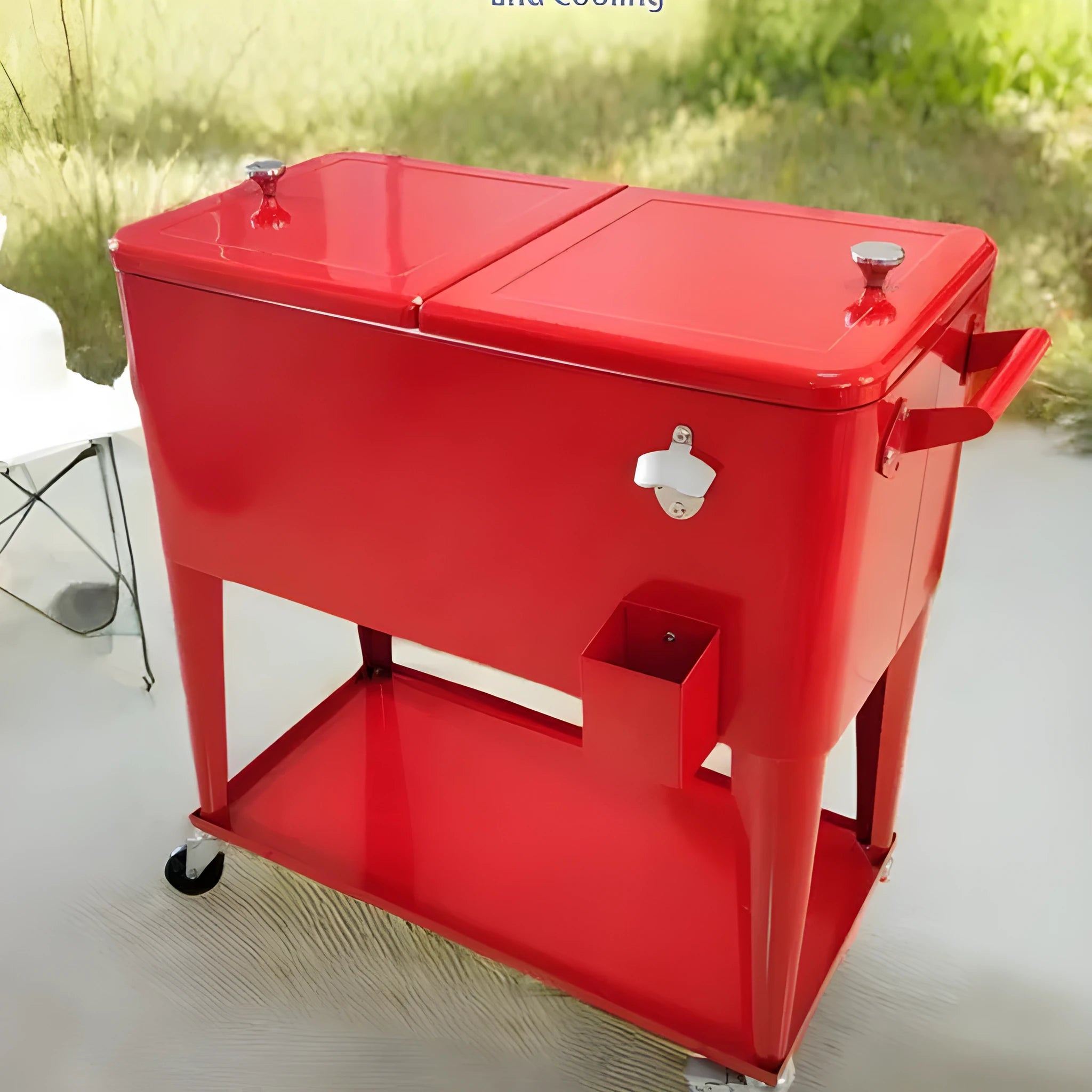 Red metal outdoor insulated picnic trolley with wheels and a 750 capacity.