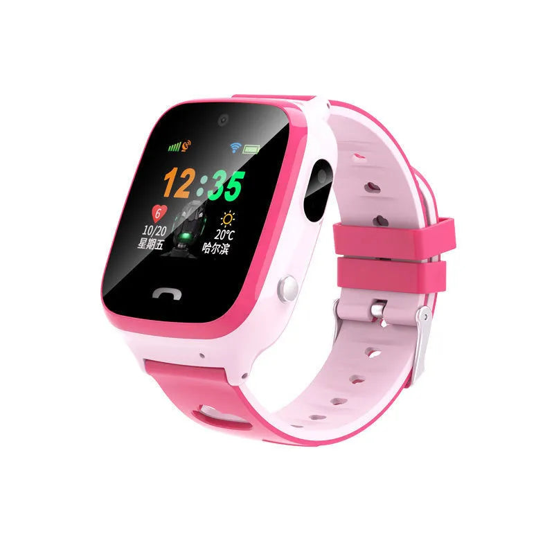 Blue children's smart phone watch with a silicone strap and a square HD touch screen display.