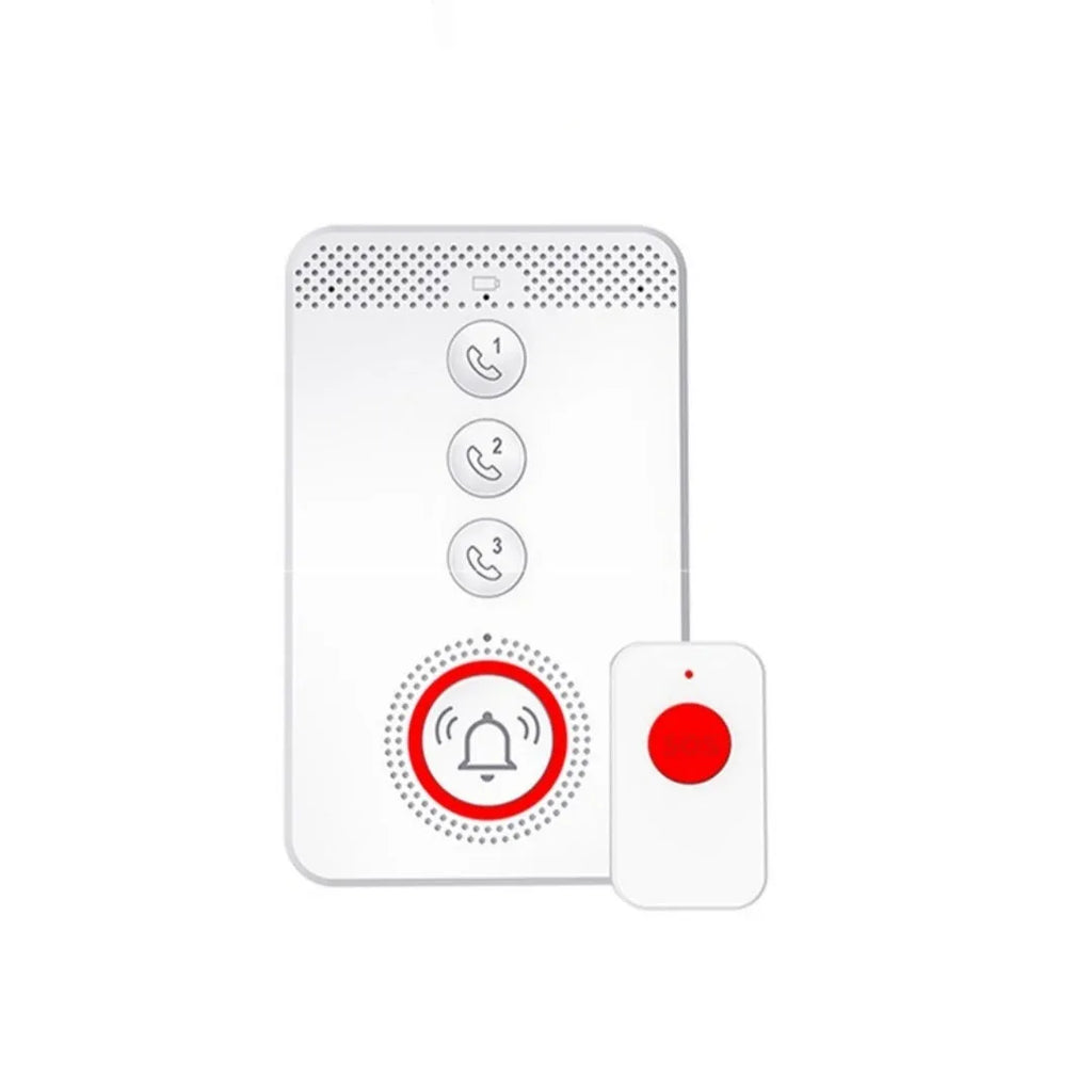 White elderly emergency alert device with a central buzzer unit and three wireless call buttons.