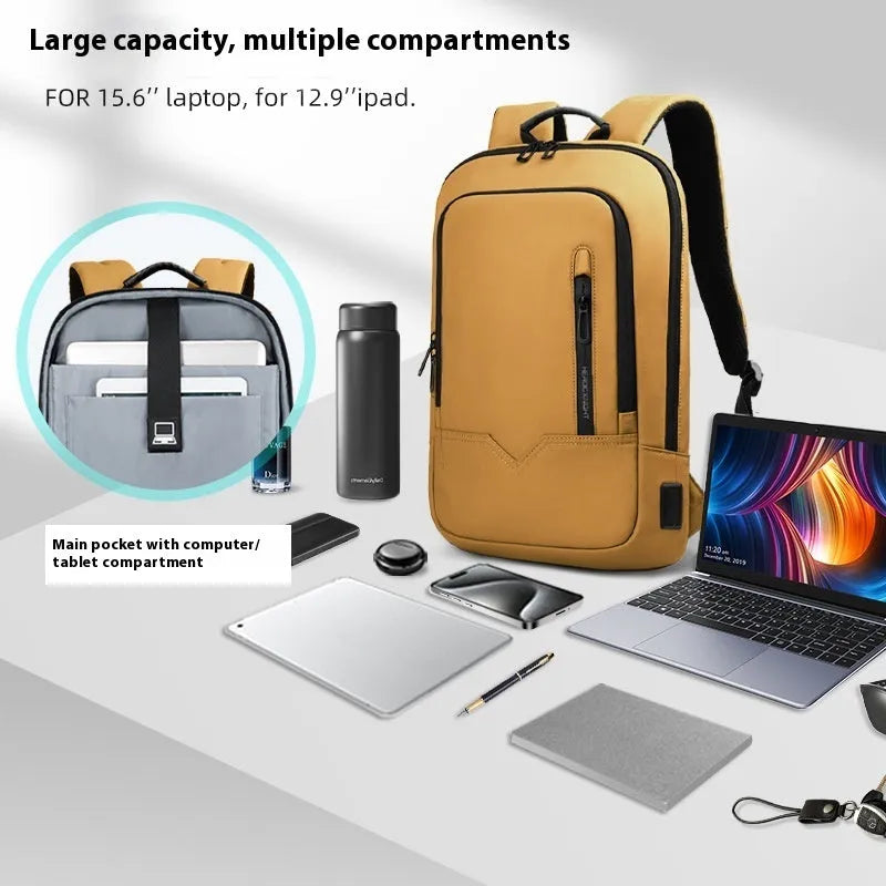 Lightweight polyester laptop backpack with USB charging port in olive green colour