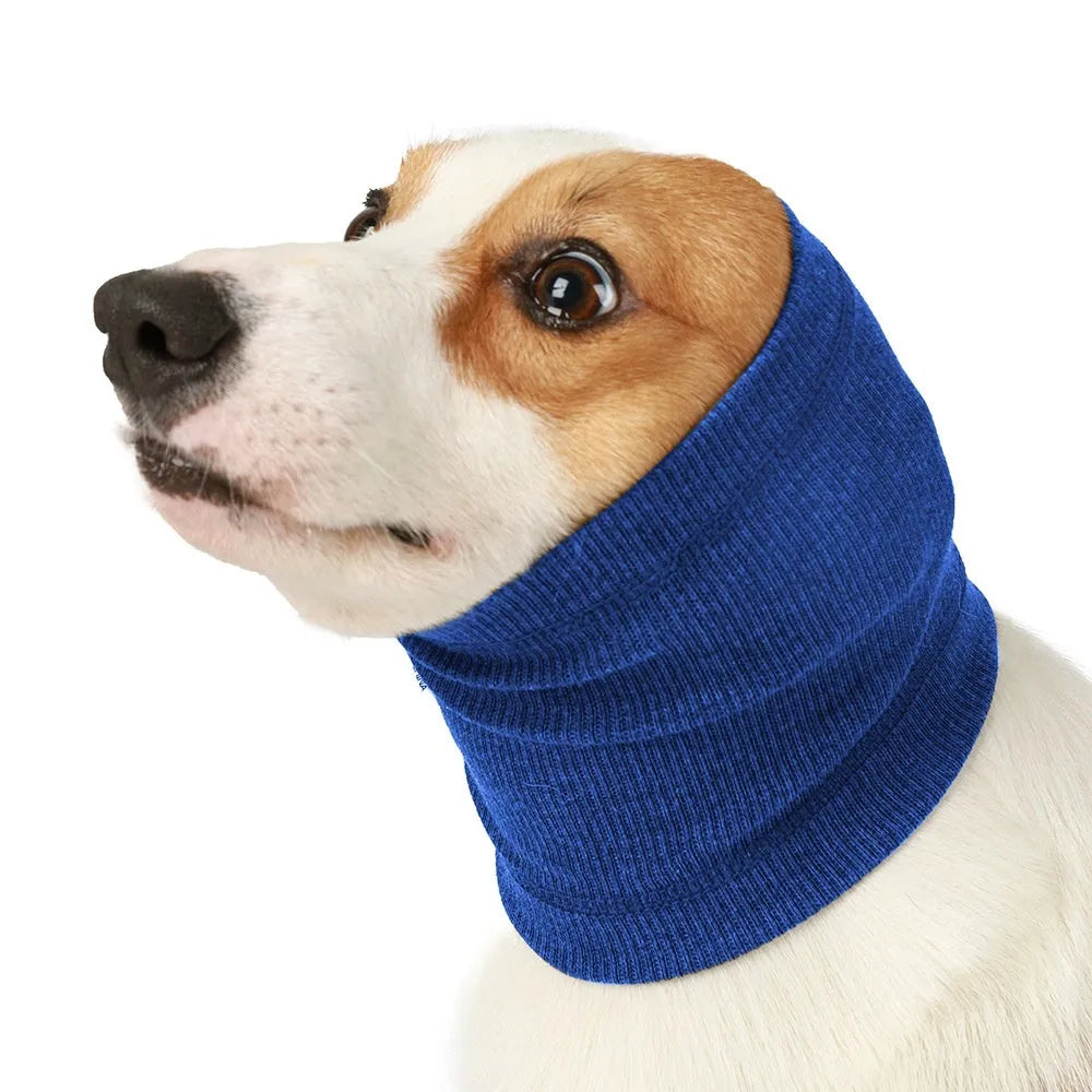 Blue and grey polyester dog comforter headband scarf shown in S, M, L sizes.