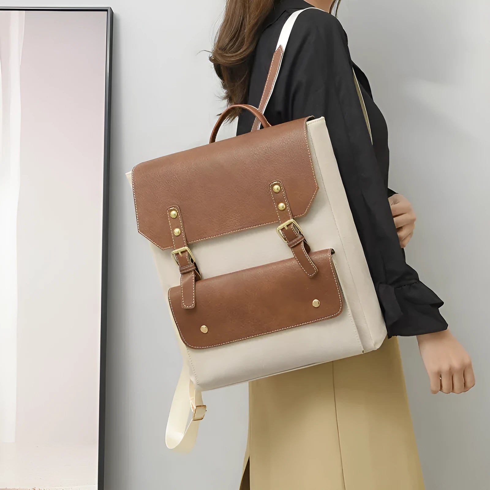 Korean style retro simple backpack in creamy white colour showing front view with zipper details