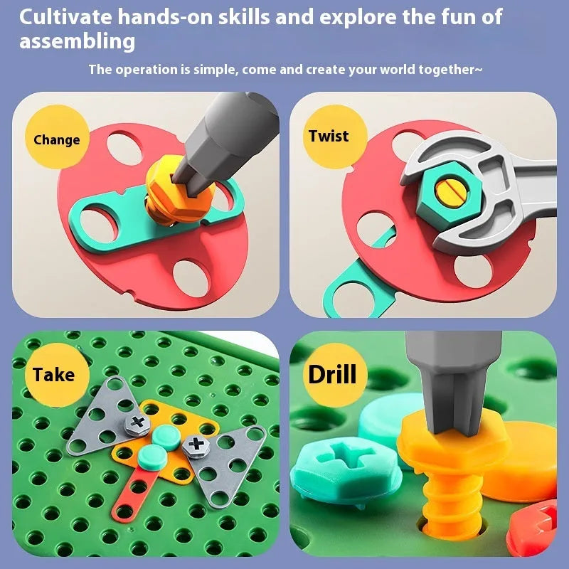 Children's screw puzzle toy with electric drill and plastic screws in a colour box, Big Dinosaur theme