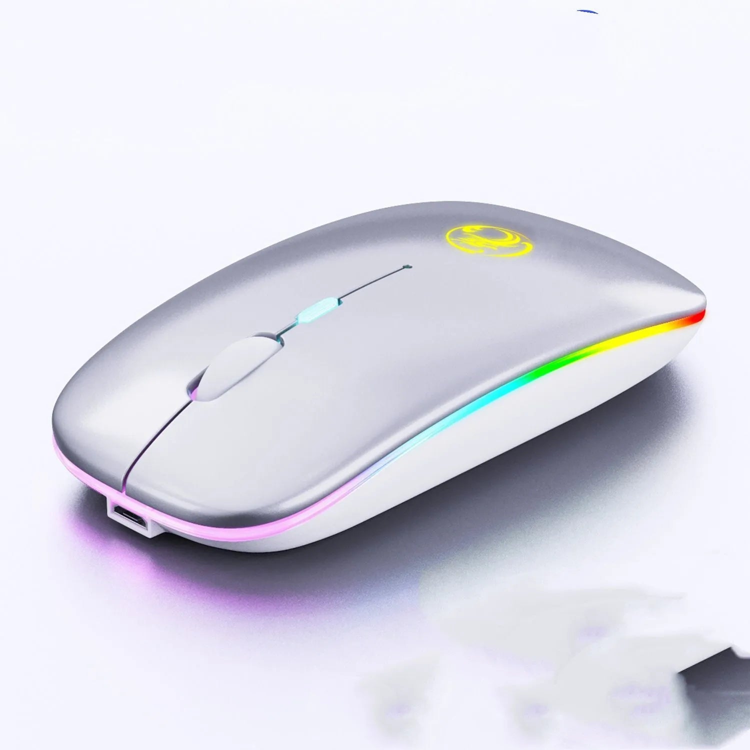 Dual-mode wireless silent mouse with luminous charging indicator in black or white colour options