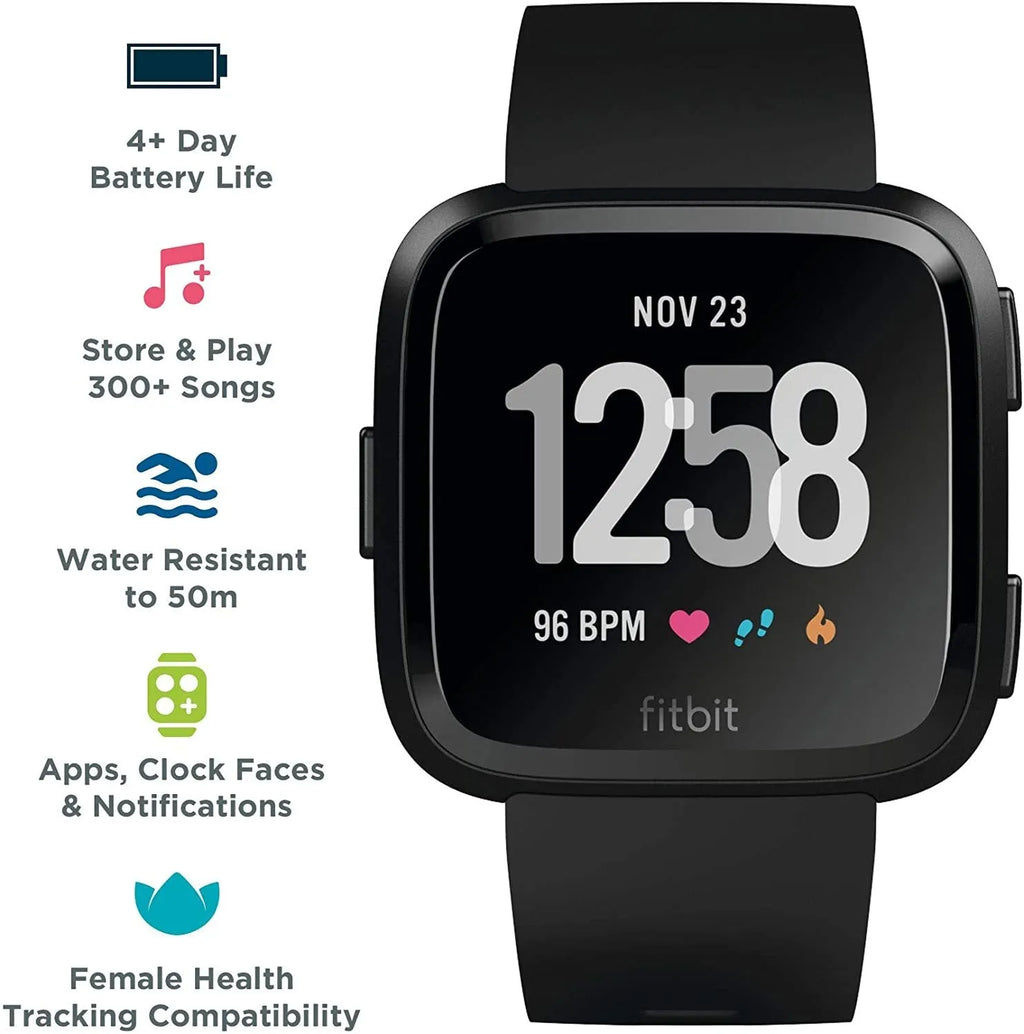 Black smart watch with silicone strap showing a heart rate reading on its 1.4 inch screen.