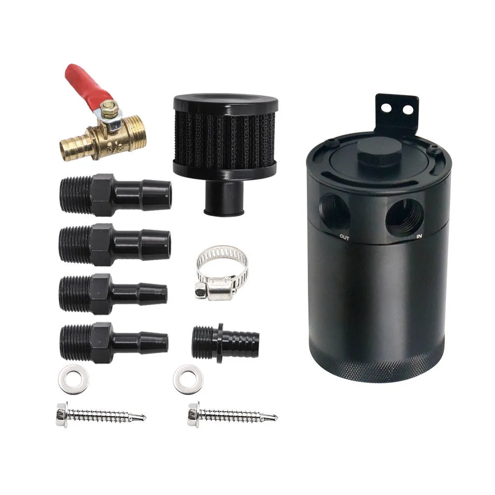 Black aluminium automotive oil pot with two-hole breather design and connectors