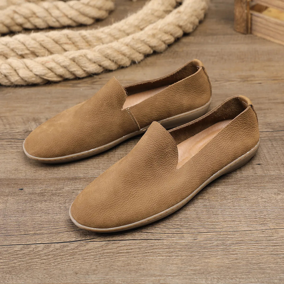Handmade men's casual shoes in cowhide leather with wedge heel, shown in khaki colour
