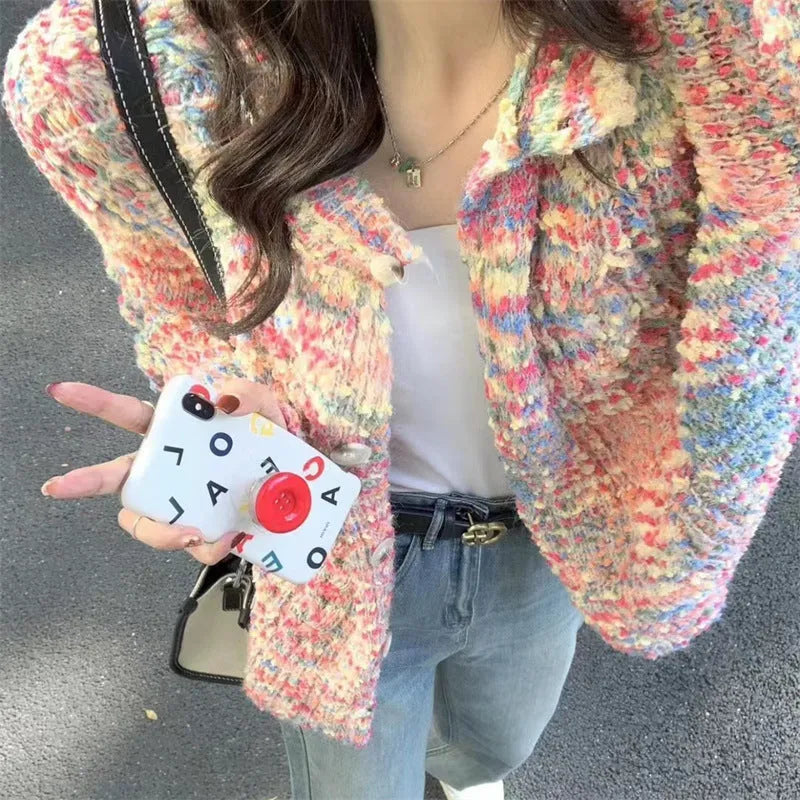 Retro rainbow knitted cardigan in pink toothbrush hair acrylic fabric