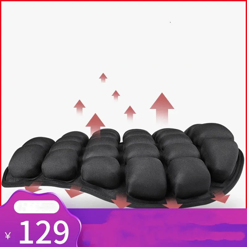 Jiusong Starry Black inflatable motorcycle seat cushion with 3D airbag, 355x385mm, shows PU leather and strap attachment