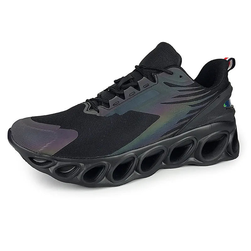 Men's breathable mesh casual sports shoes in black colour with lace-up front and EVA soles