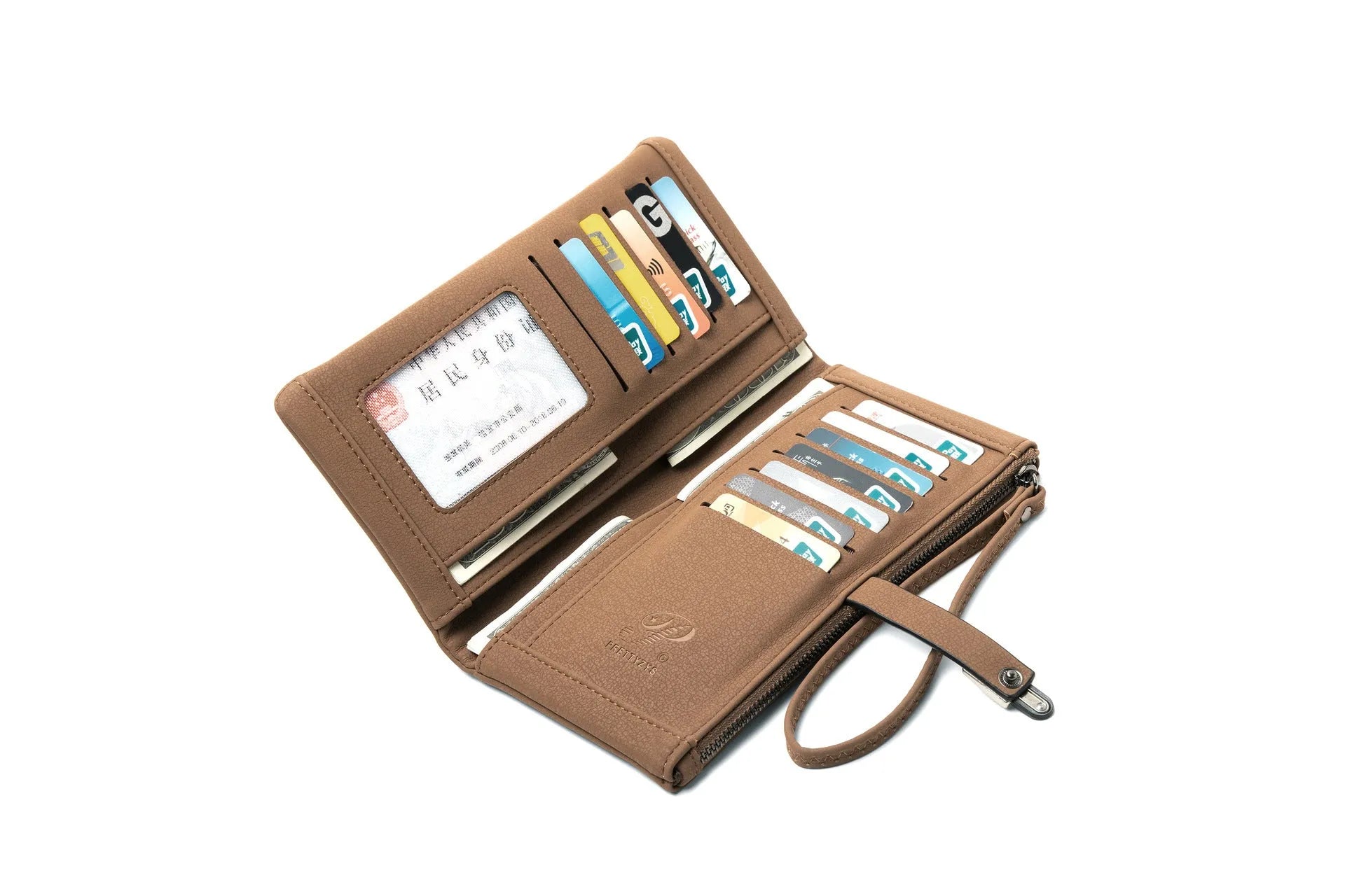 Long female wallet simple clutch in PU leather, solid brown colour, showing slim 19.5cm by 11cm design