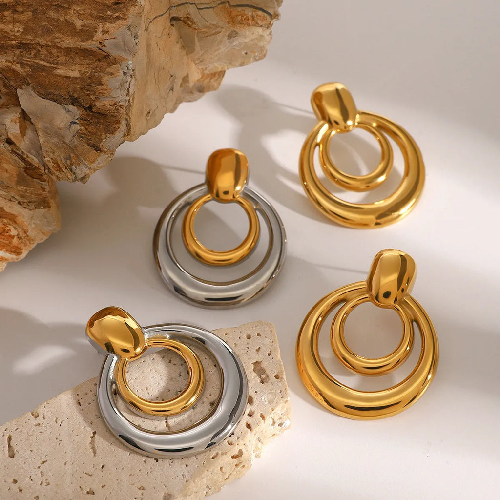 Gold-plated double layer hollow stud earrings with round geometric design