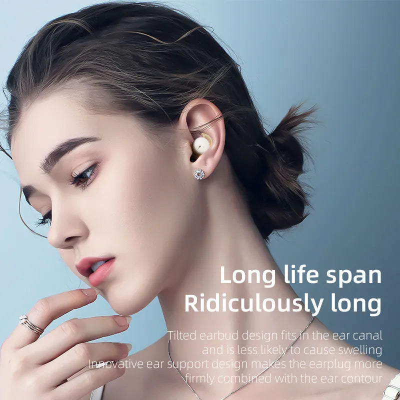 Mini no-pressing Bluetooth headset for side sleeping in milk tea colour with plastic earplug design