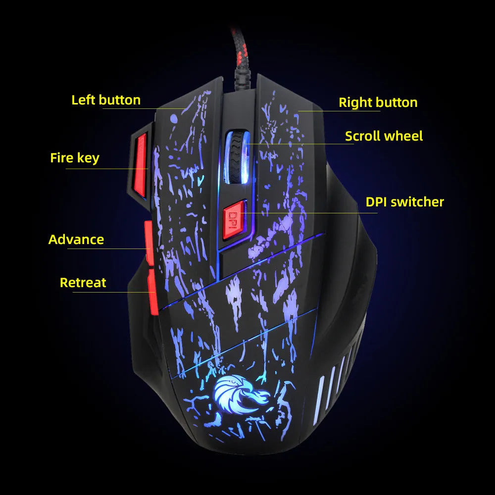 H300BK wired gaming mouse with LED lighting and luminous side panels on desk