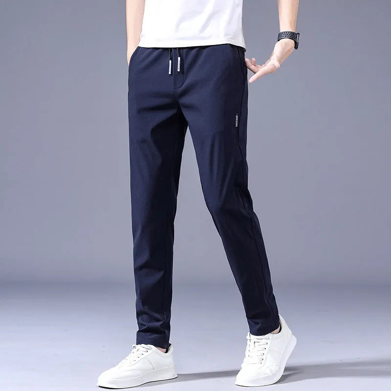 Men's Khaki drawstring trousers with loose straight leg and elastic waist, Korean casual style