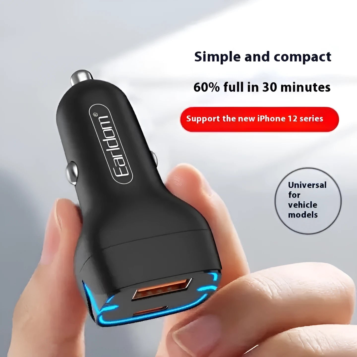 QC3.0 fast car charger with PD USB output, black plastic and metal design, for cigarette lighter socket