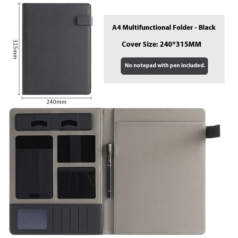 Black leather A4 business folder with 35mm gusset showing pen loop and notepad configuration