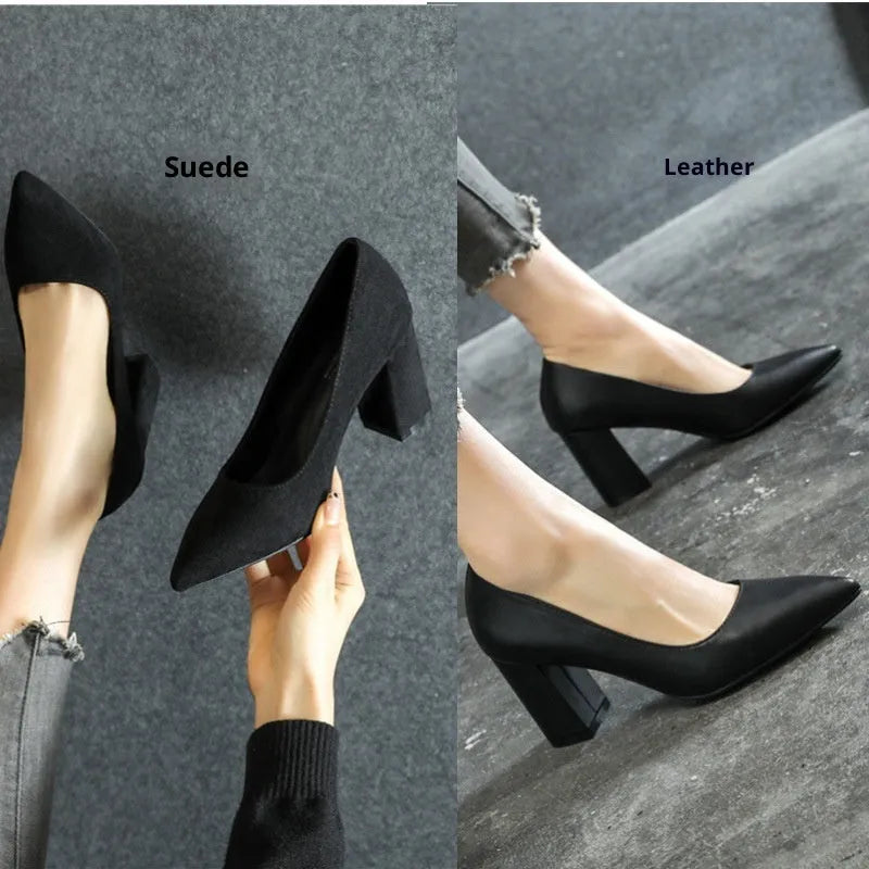 Women's suede pointed toe shallow-mouth shoes with 7 cm chunky heel in black