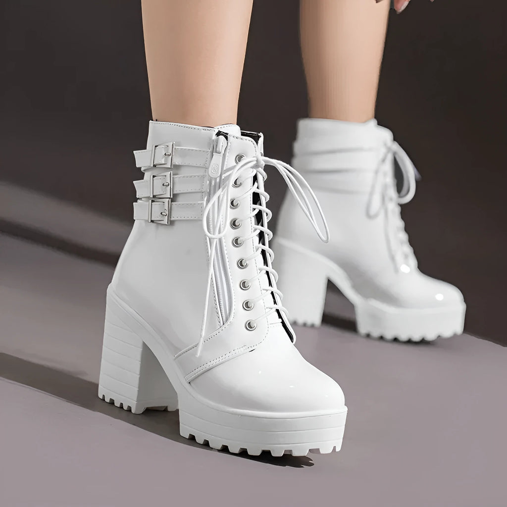 Women's black PU leather lace-up ankle boots with a thick 6-8cm heel and round toe on a white background
