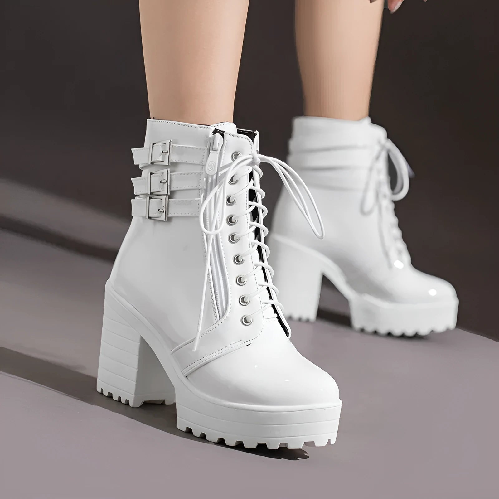 Women's black PU leather lace-up ankle boots with a thick 6-8cm heel and round toe on a white background