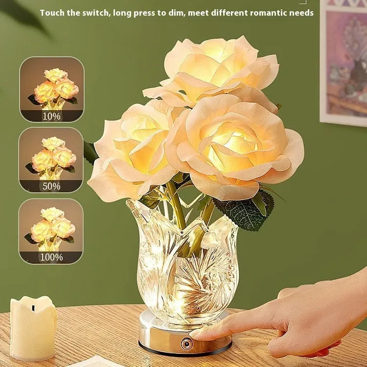 Crystal flowers rechargeable touch control table lamp with infinite dimming on bedside table