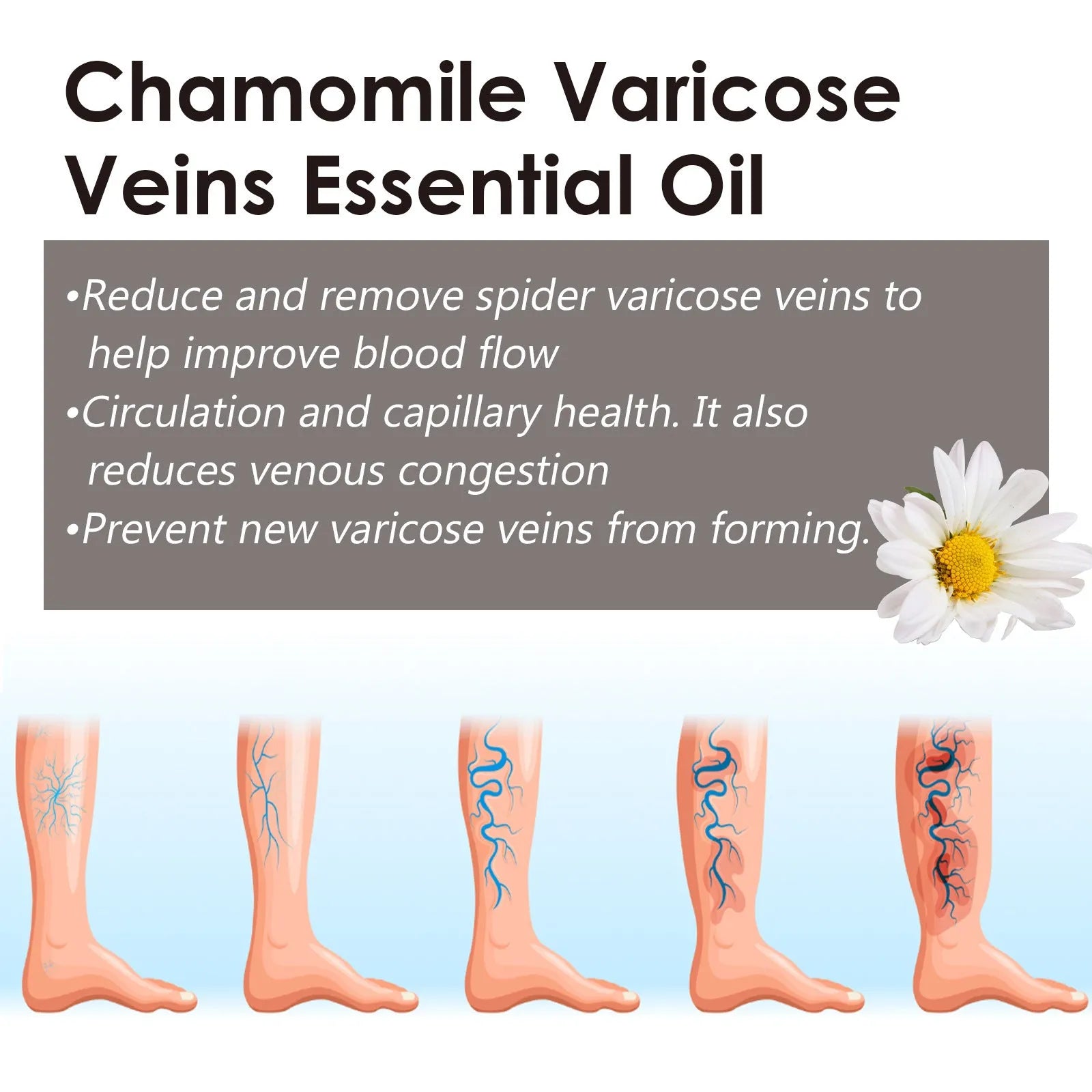 10ml bottle of chamomile leg essential oil with dropper for massage and skin care.