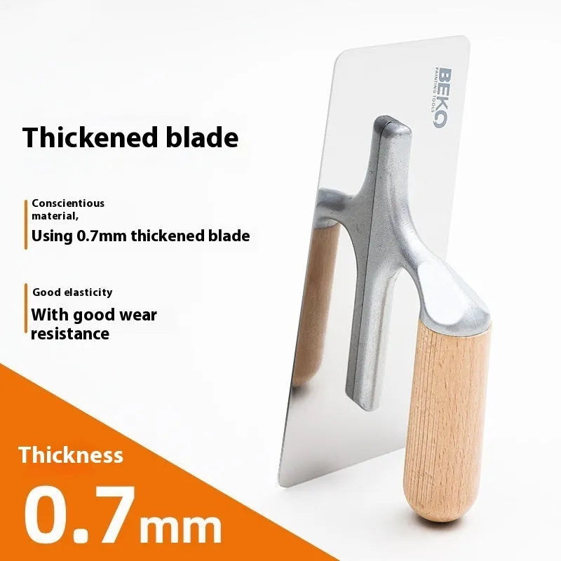 Stainless steel putty scraper with wooden handle showing three different blade size options.