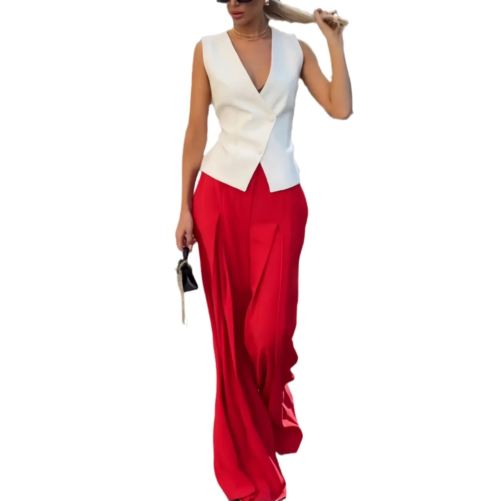 Women's beige two-piece set featuring a sleeveless deep V-neck top and high-waist wide-leg trousers.