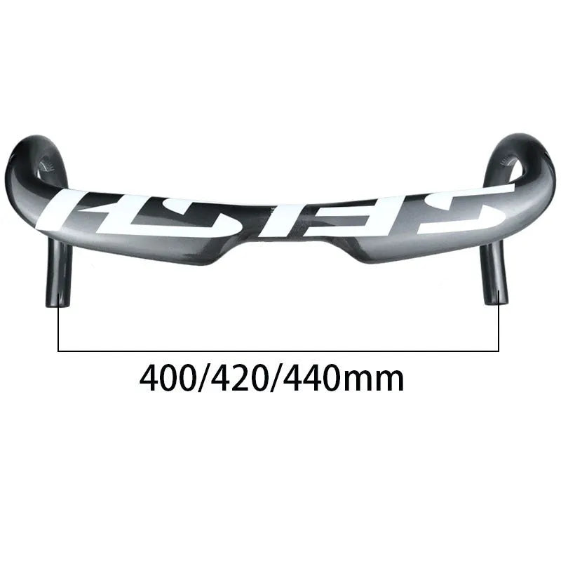 Carbon fibre road bike bent handlebar showing 31.8mm clamp area and drop profile