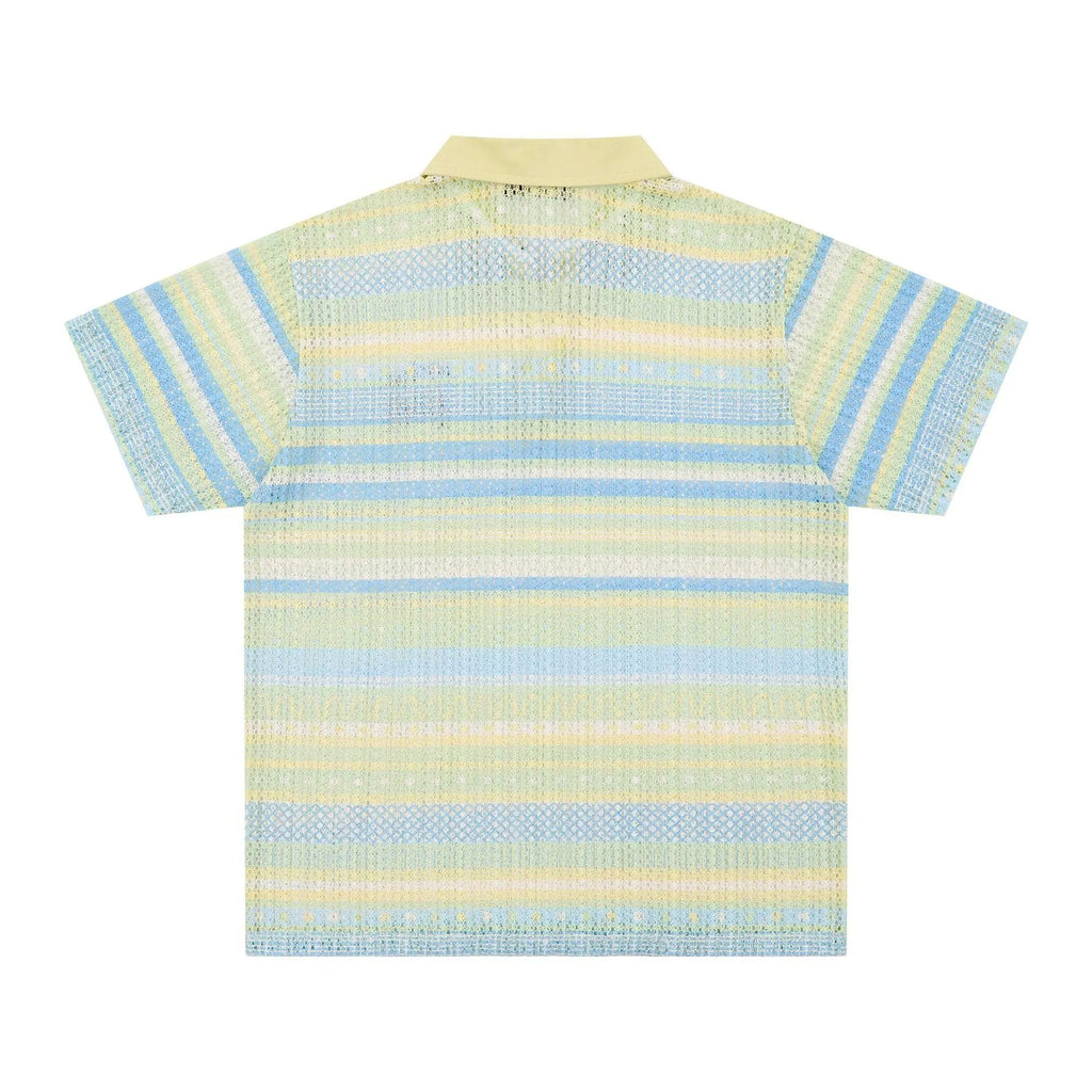 Man wearing a loose-fit blue printed short sleeve casual shirt made from polyester.
