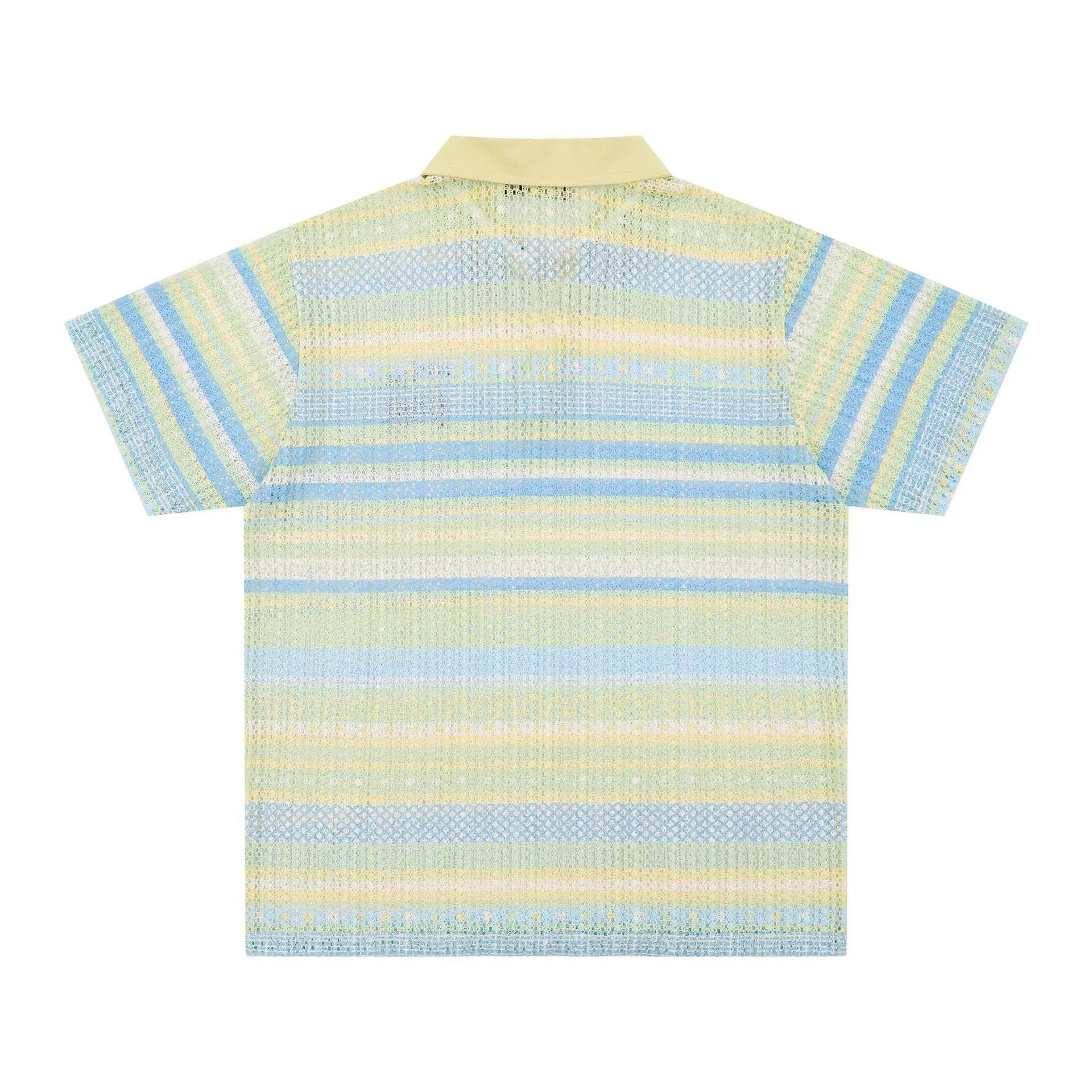 Man wearing a loose-fit blue printed short sleeve casual shirt made from polyester.