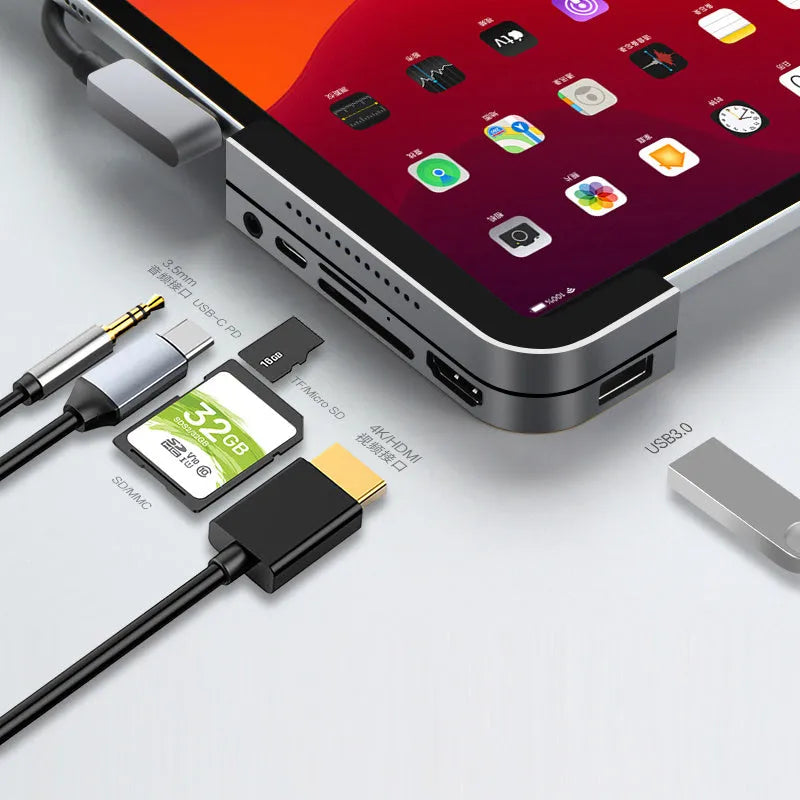 Silver aluminium grey USB-C 6-in-1 docking station for iPad Pro tablets with HDMI and USB ports