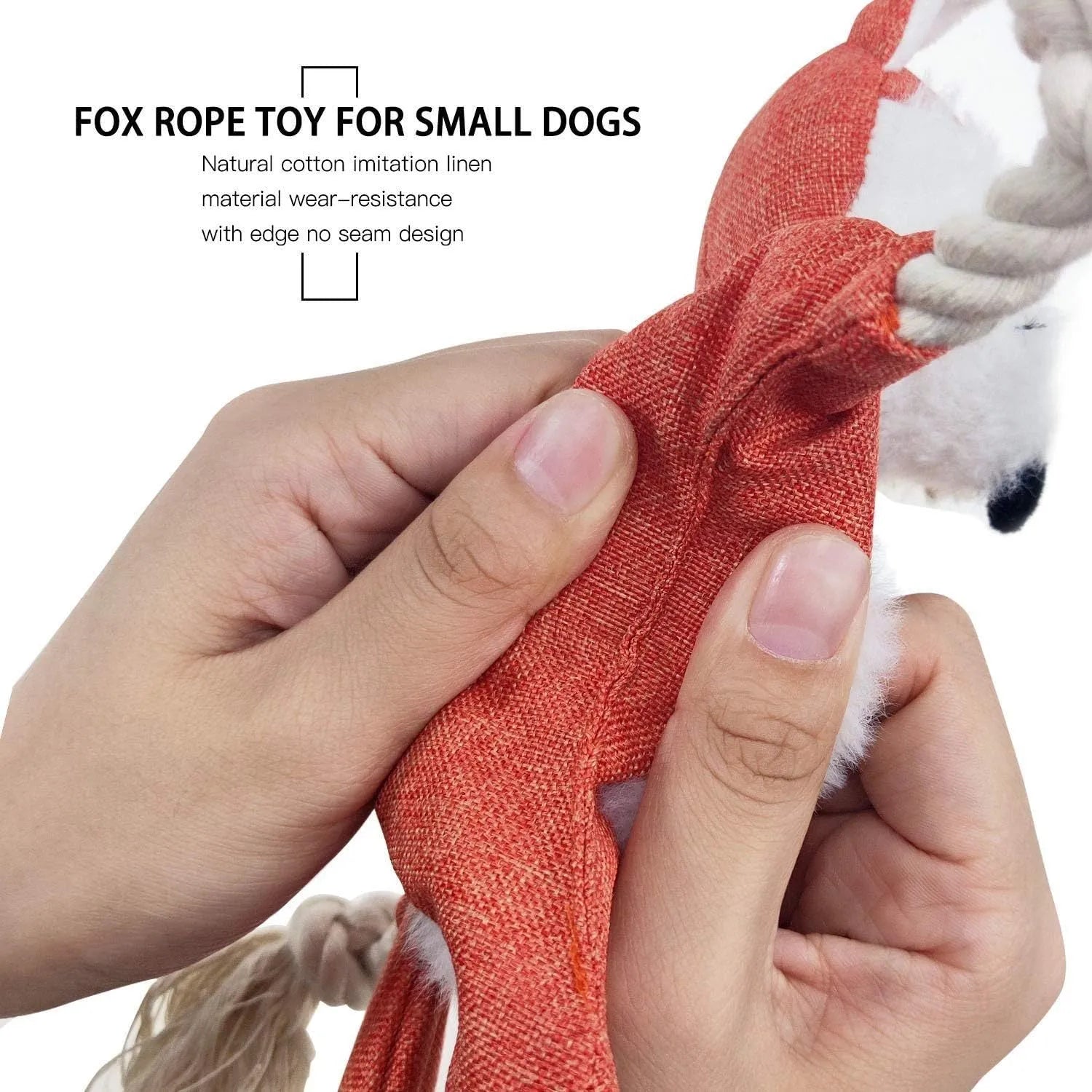 Brown fox dog toy with embroidered eyes, cotton rope arms and legs, squeaker in head