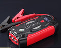 Red car emergency start power bank with thick jumper clips showing 39800W output and compact 190mm design
