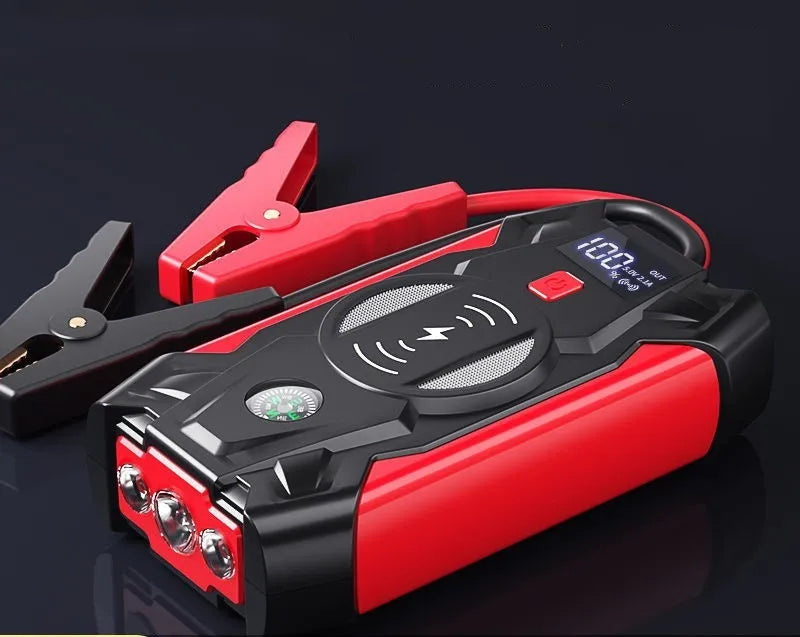 Red car emergency start power bank with thick jumper clips showing 39800W output and compact 190mm design