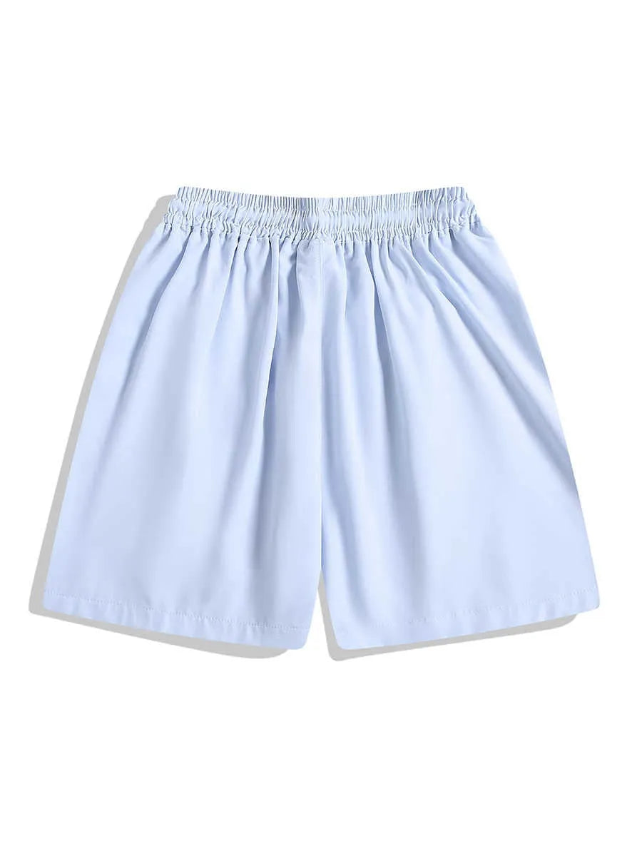 Black and grey quick-drying sports shorts with elastic waistband and loose straight-leg design