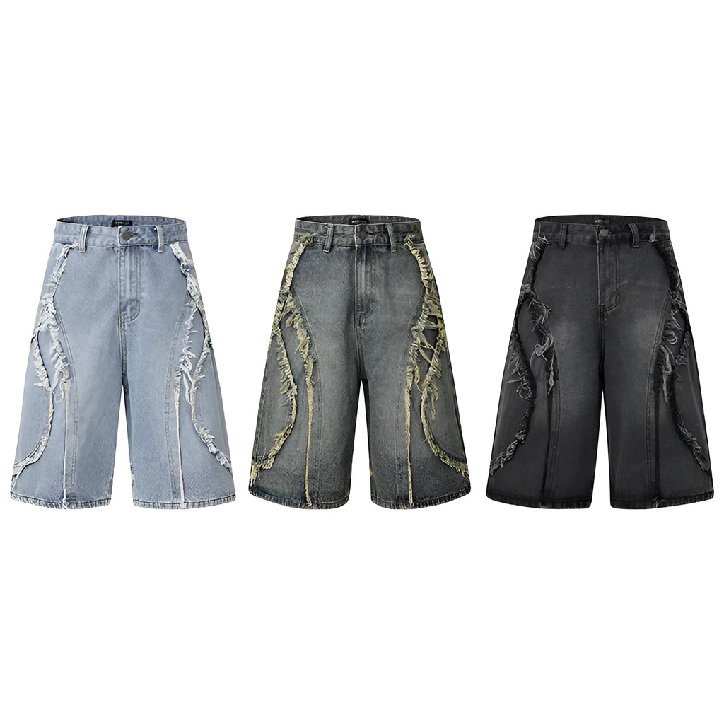 Distressed raw edge denim shorts in a straight cropped fit, shown in black, dark blue, and light blue.