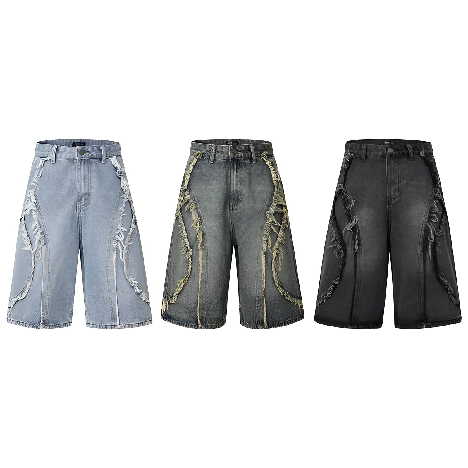 Distressed raw edge denim shorts in a straight cropped fit, shown in black, dark blue, and light blue.