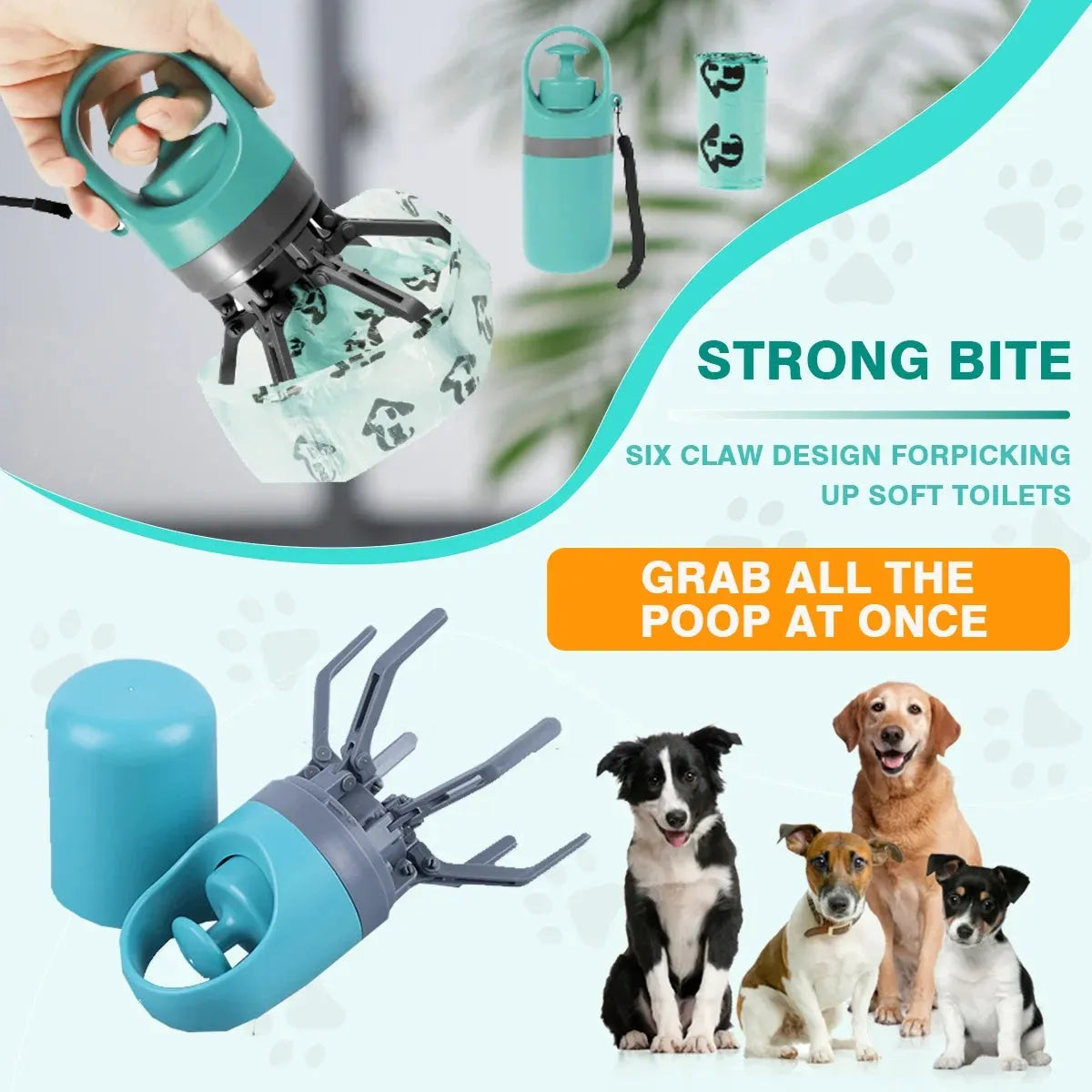 Blue ABS plastic pet pooper scooper with claw mechanism and included garbage bag roll