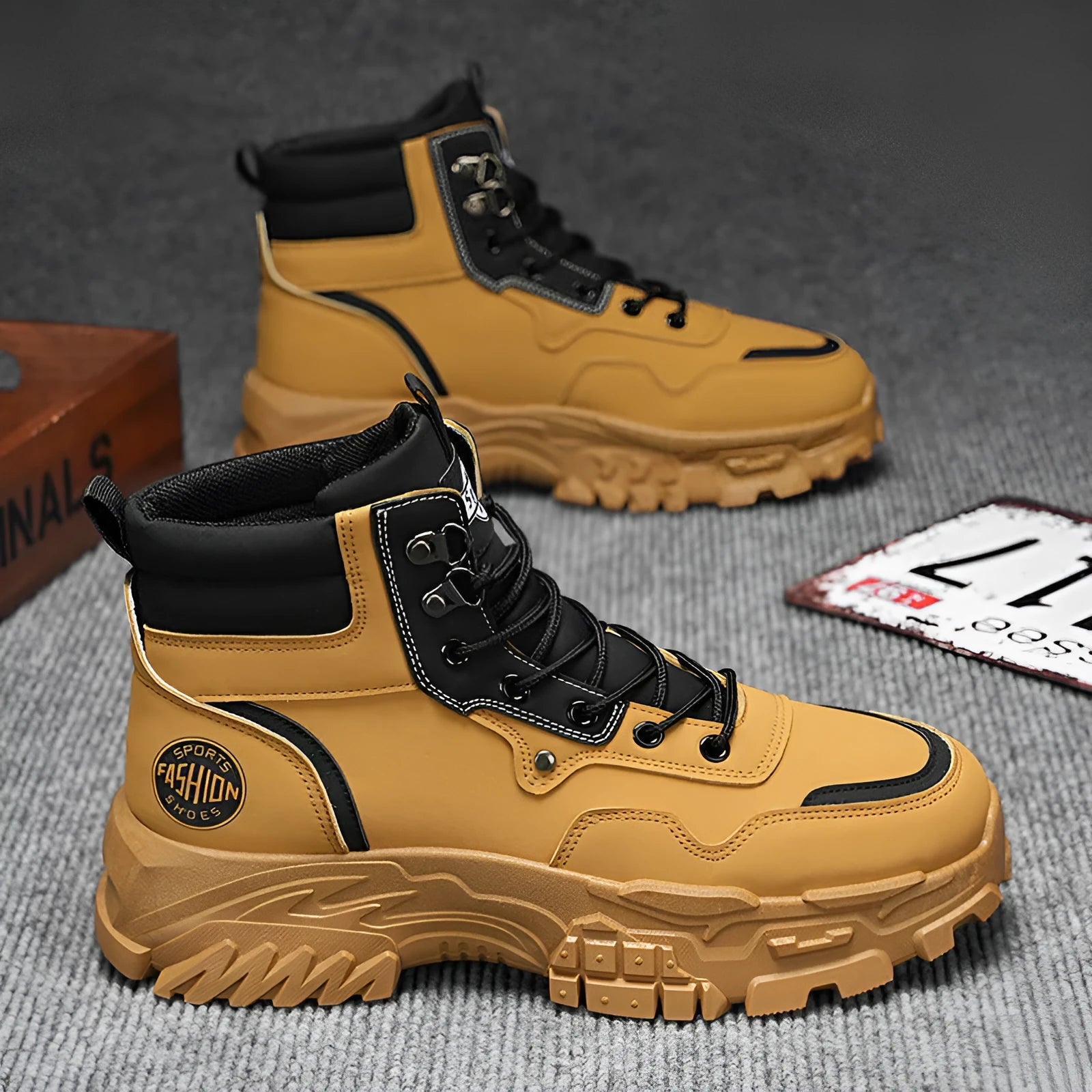 Men's black and yellow high-top Martin boots with an artificial PU upper and sturdy sole.