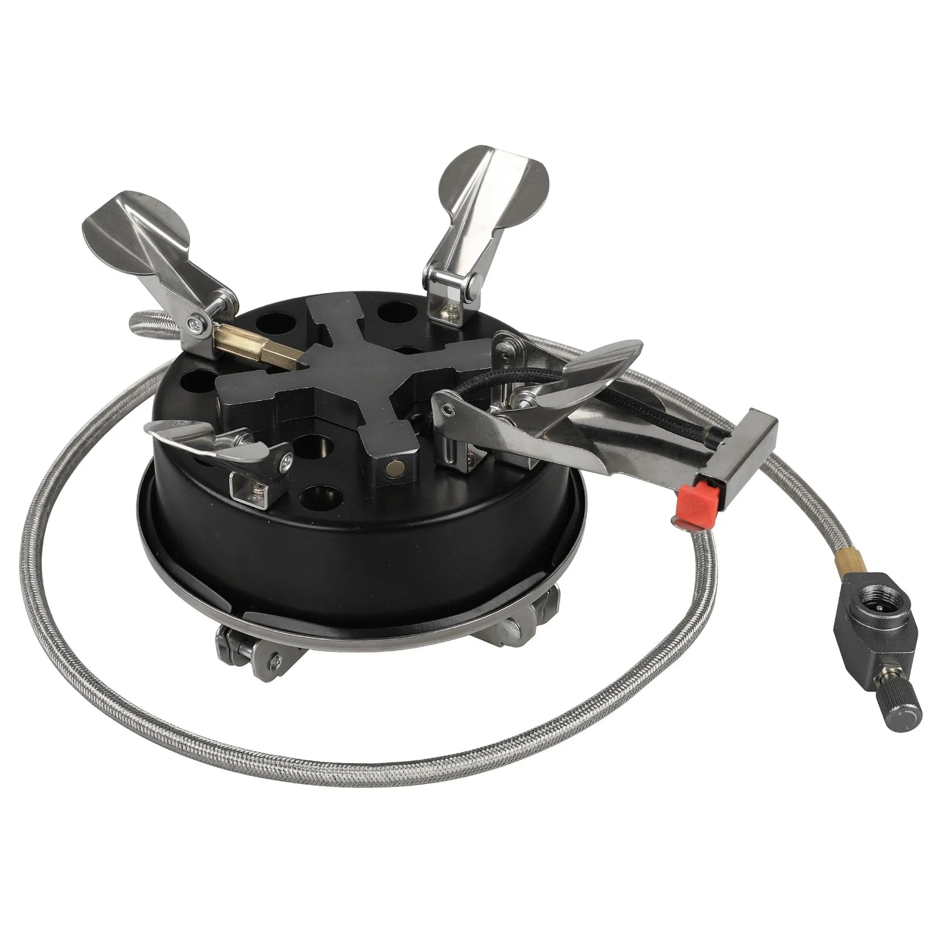 Silver foldable split camping stove with extended gas hose on a grey background