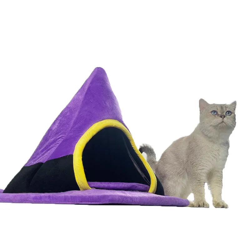 Purple cloth Halloween witch hat shaped cat bed measuring 60x45cm for cats