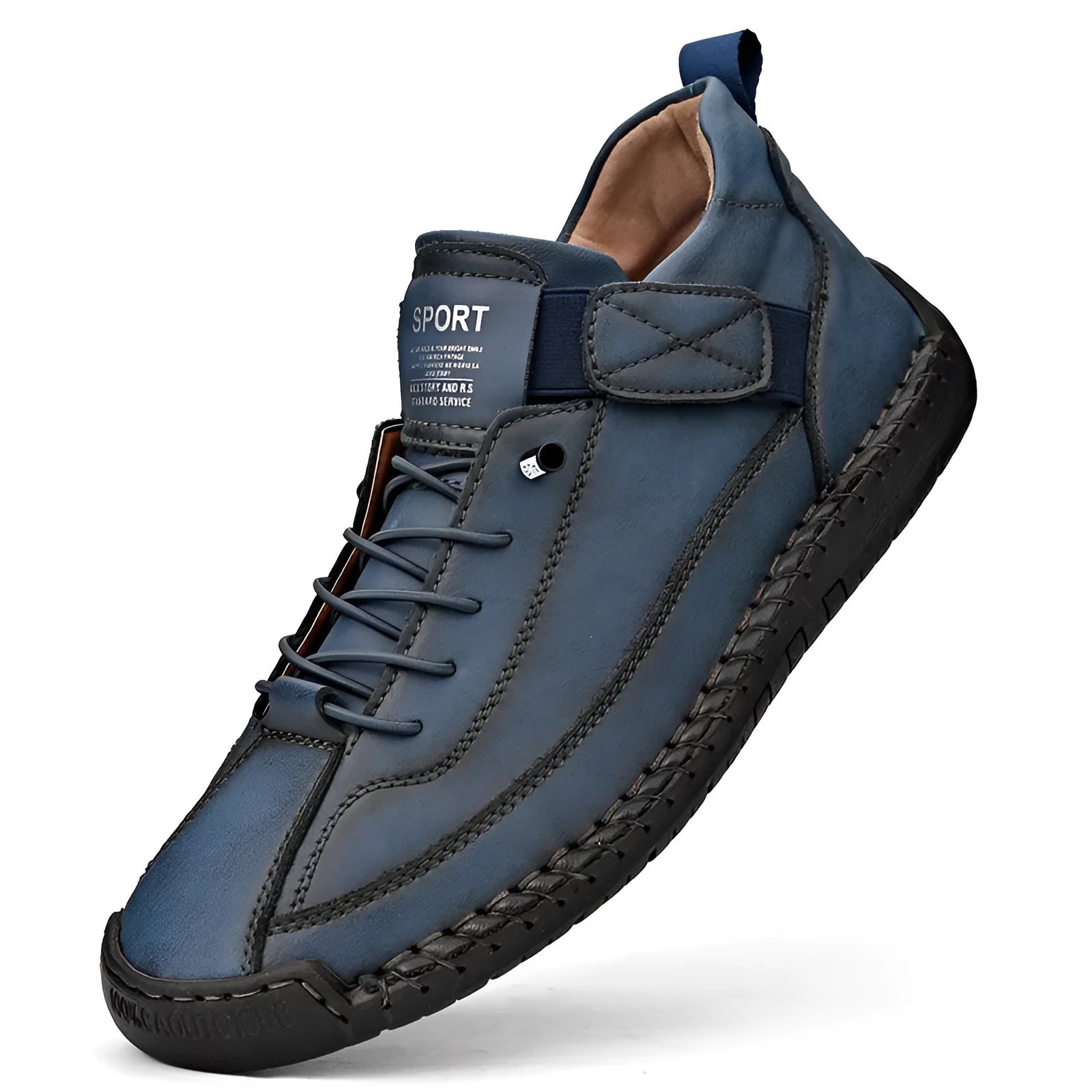 Men's mid-top casual boot in khaki with elastic band and tooling stitching detail.