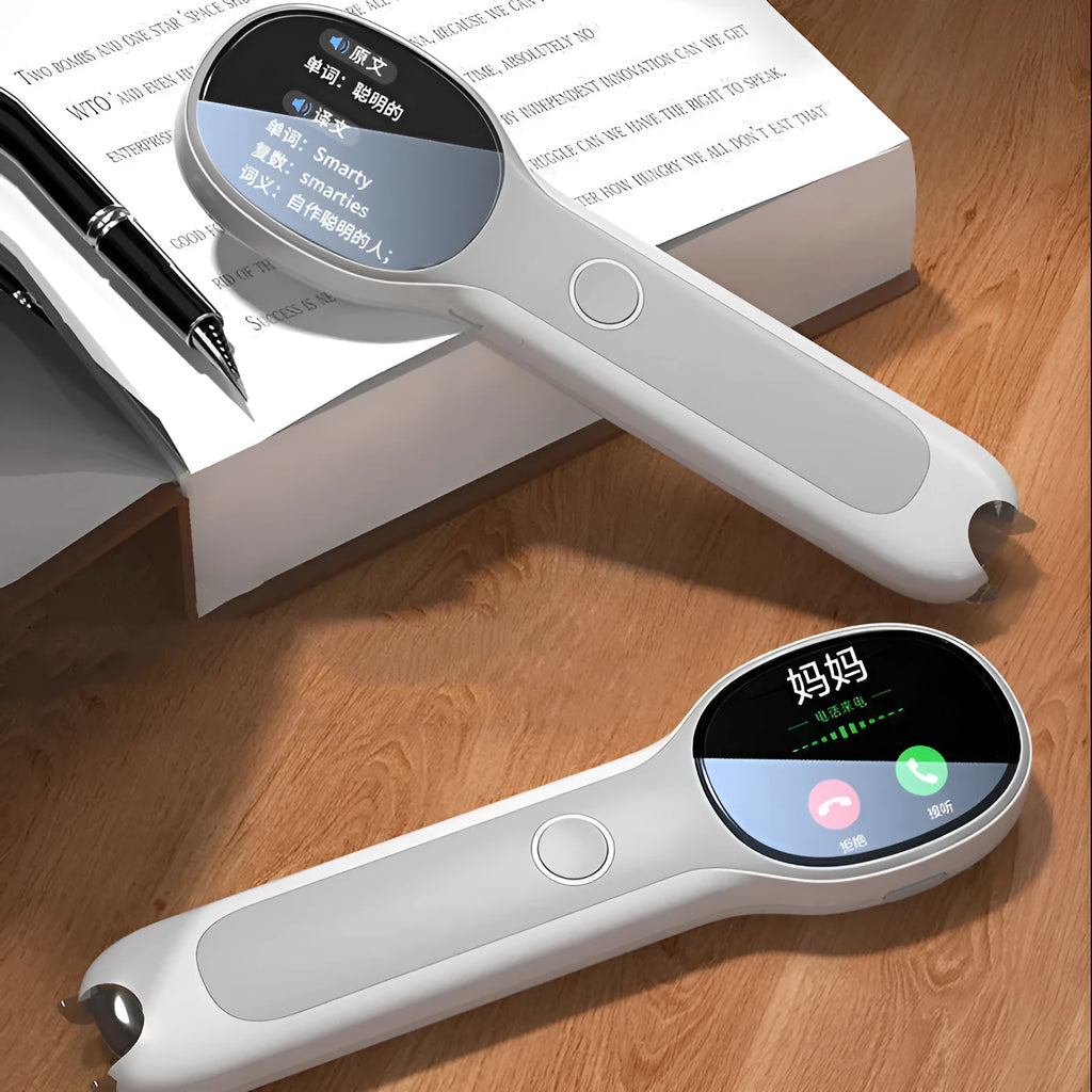 White universal reading pen for English language learning and translation, shown with USB charging cable.