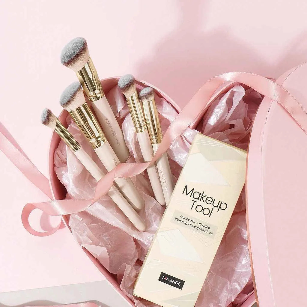 Five apricot-coloured angled blush makeup brushes for foundation and powder application