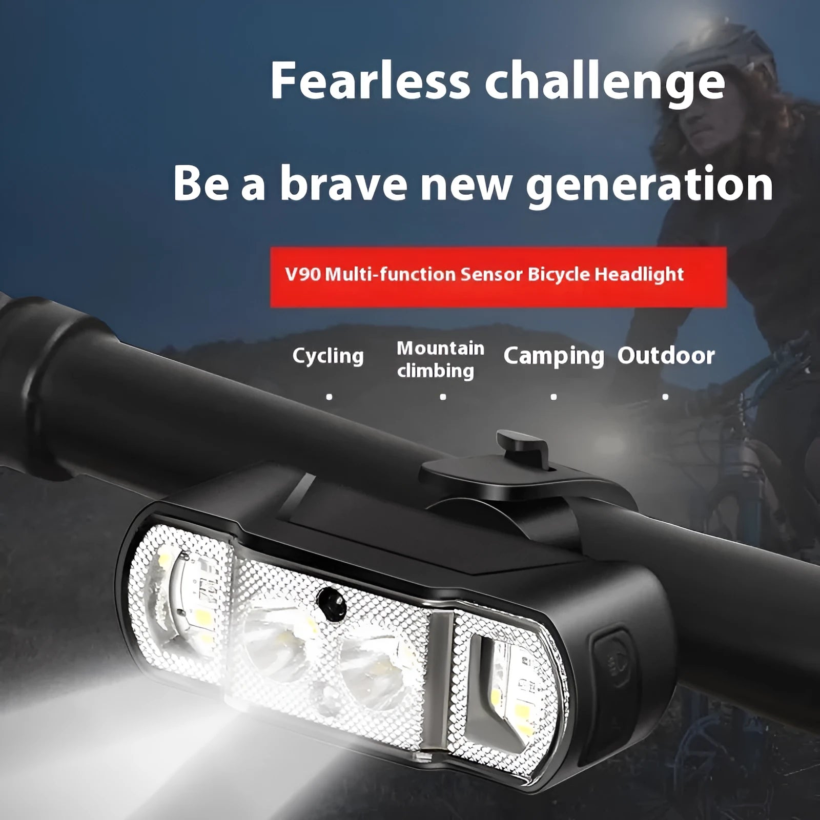 Black USB rechargeable bicycle headlight with wave induction sensor on a bike handlebar